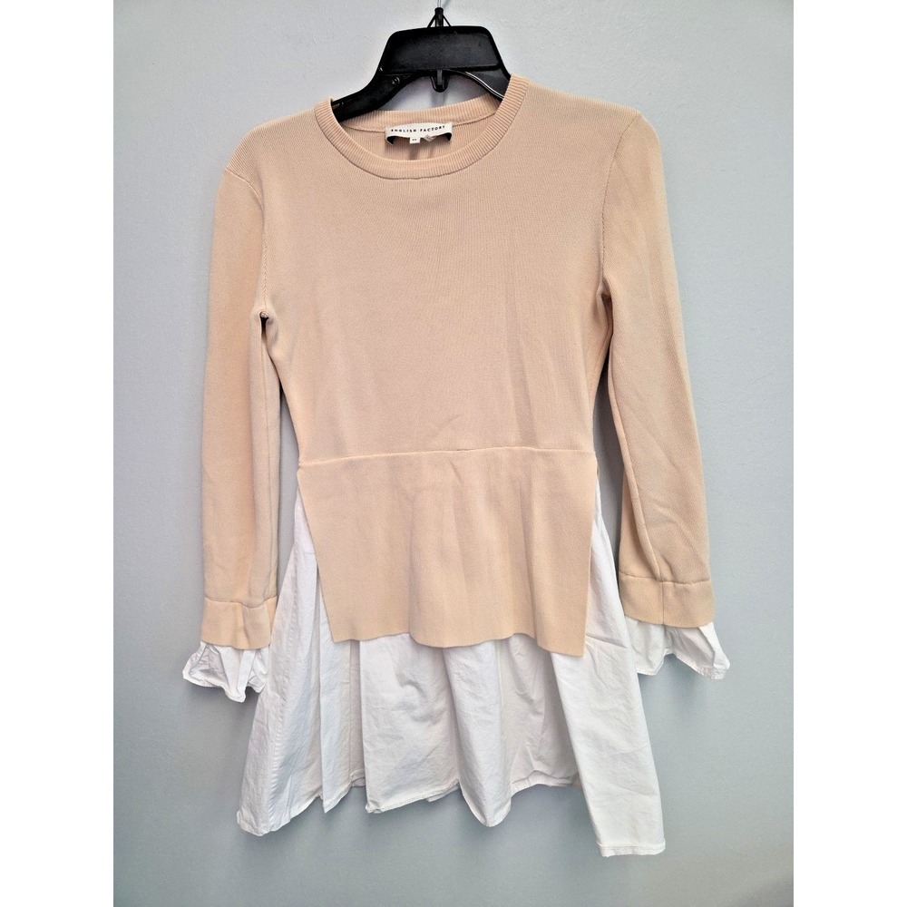 English Factory Poplin Combo Knit Mini Dress XS Tan/White Flare Cuff Preppy
